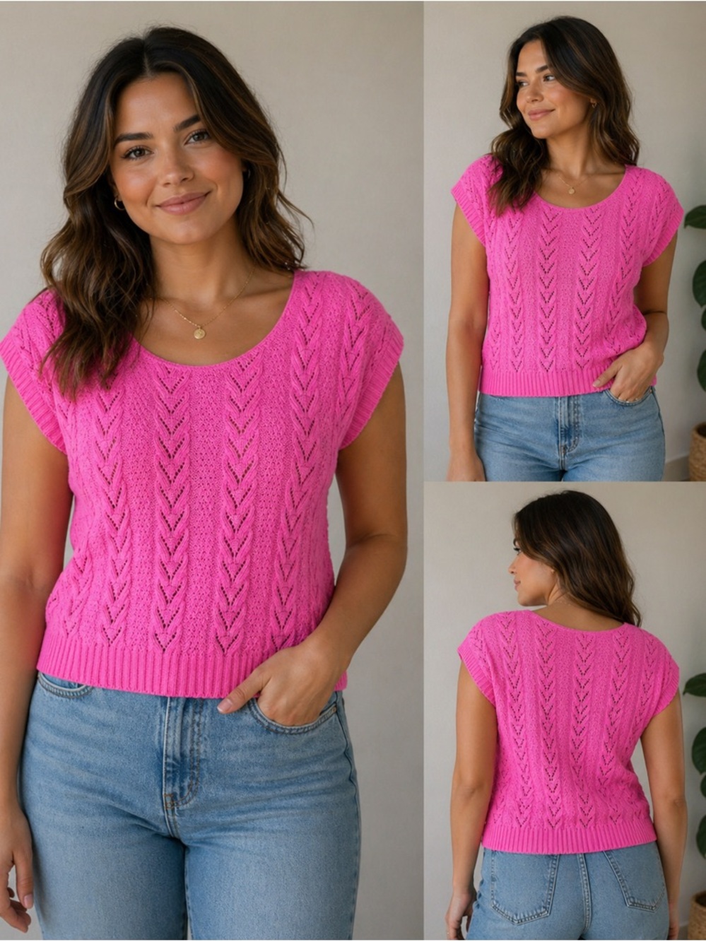Women's Bright Pink Openwork Knit Scoop-Neck Sweater